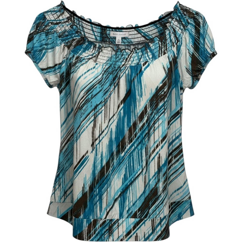 Heart Soul Teal Brown Abstract Smocked Neck Side Tie Blouse Top Medium